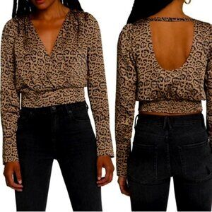 Good American Satin Faux Wrap Top in Leopard Print Size 1 (Sm)